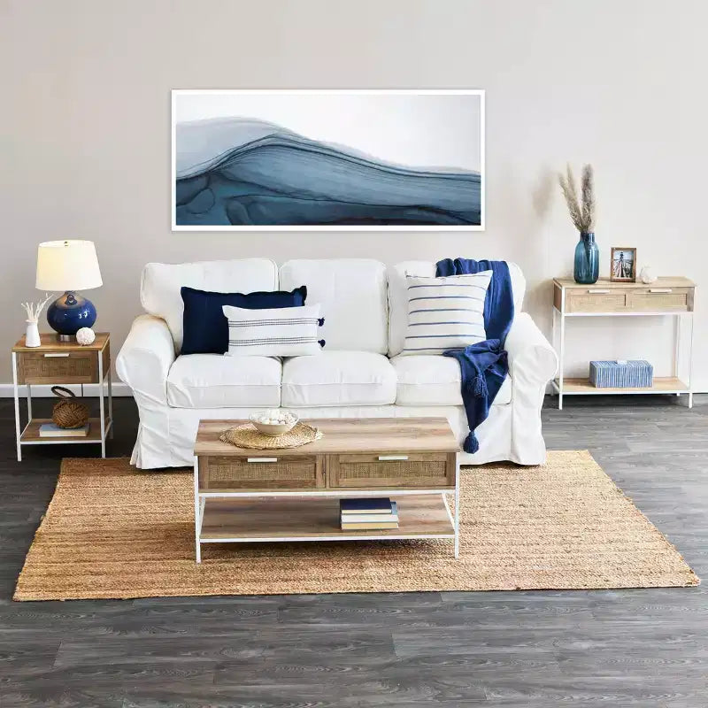 Tavolo Console Divano Rettangolare Bungalow con Ripiano Portaoggetti e 2 Cassetti Rovere Costa Venatura Legno Rustico Frontale Intrecciato e Metallo Bianco