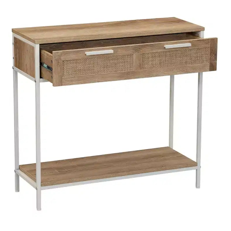 Tavolo Console Divano Rettangolare Bungalow con Ripiano Portaoggetti e 2 Cassetti Rovere Costa Venatura Legno Rustico Frontale Intrecciato e Metallo Bianco
