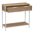 Tavolo Console Divano Rettangolare Bungalow con Ripiano Portaoggetti e 2 Cassetti Rovere Costa Venatura Legno Rustico Frontale Intrecciato e Metallo Bianco
