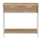 Tavolo Console Divano Rettangolare Bungalow con Ripiano Portaoggetti e 2 Cassetti Rovere Costa Venatura Legno Rustico Frontale Intrecciato e Metallo Bianco