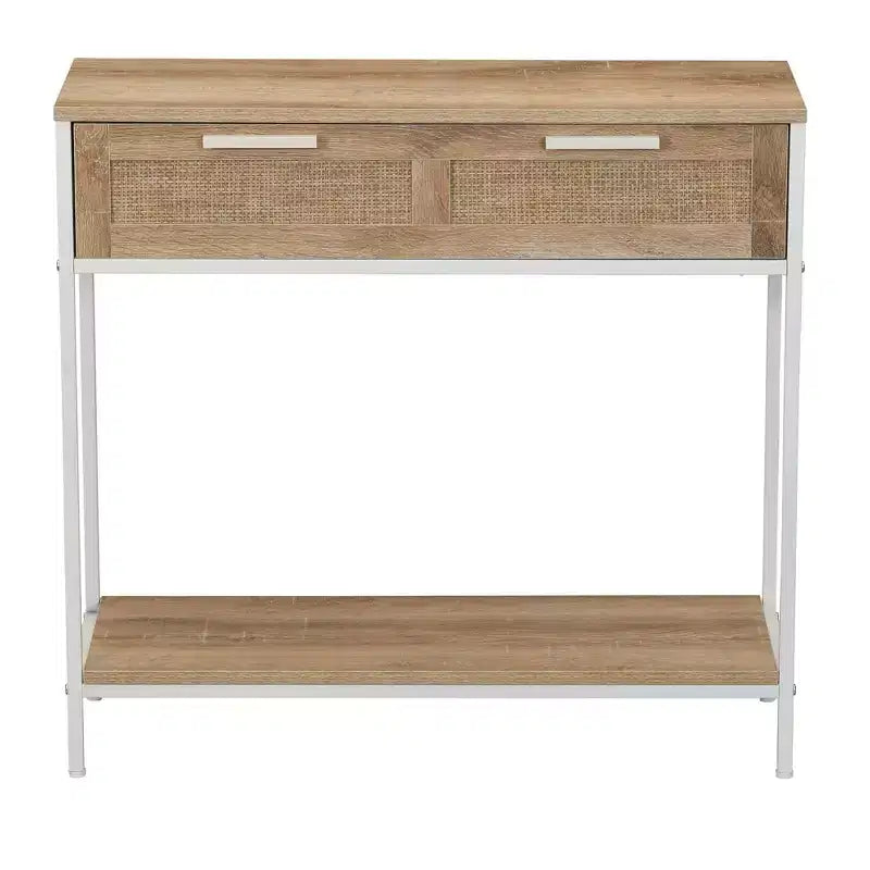 Tavolo Console Divano Rettangolare Bungalow con Ripiano Portaoggetti e 2 Cassetti Rovere Costa Venatura Legno Rustico Frontale Intrecciato e Metallo Bianco