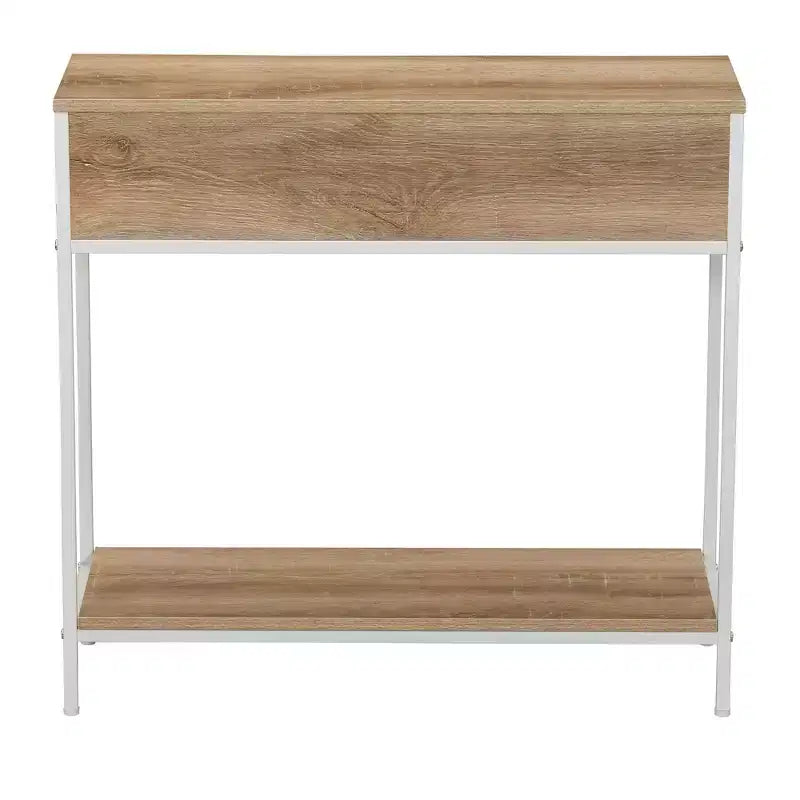 Tavolo Console Divano Rettangolare Bungalow con Ripiano Portaoggetti e 2 Cassetti Rovere Costa Venatura Legno Rustico Frontale Intrecciato e Metallo Bianco