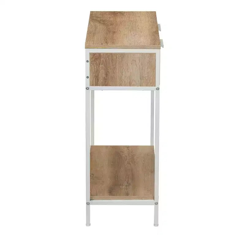 Tavolo Console Divano Rettangolare Bungalow con Ripiano Portaoggetti e 2 Cassetti Rovere Costa Venatura Legno Rustico Frontale Intrecciato e Metallo Bianco