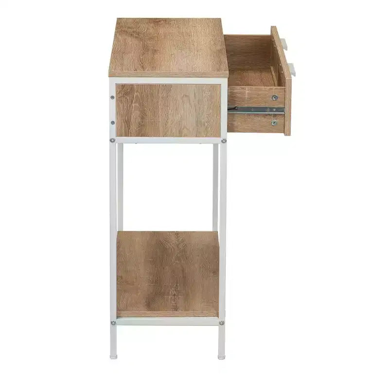 Tavolo Console Divano Rettangolare Bungalow con Ripiano Portaoggetti e 2 Cassetti Rovere Costa Venatura Legno Rustico Frontale Intrecciato e Metallo Bianco