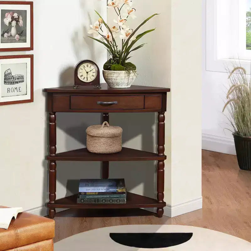Tavolino angolare dal design classico vintage con cassetto portaoggetti e 2 ripiani
