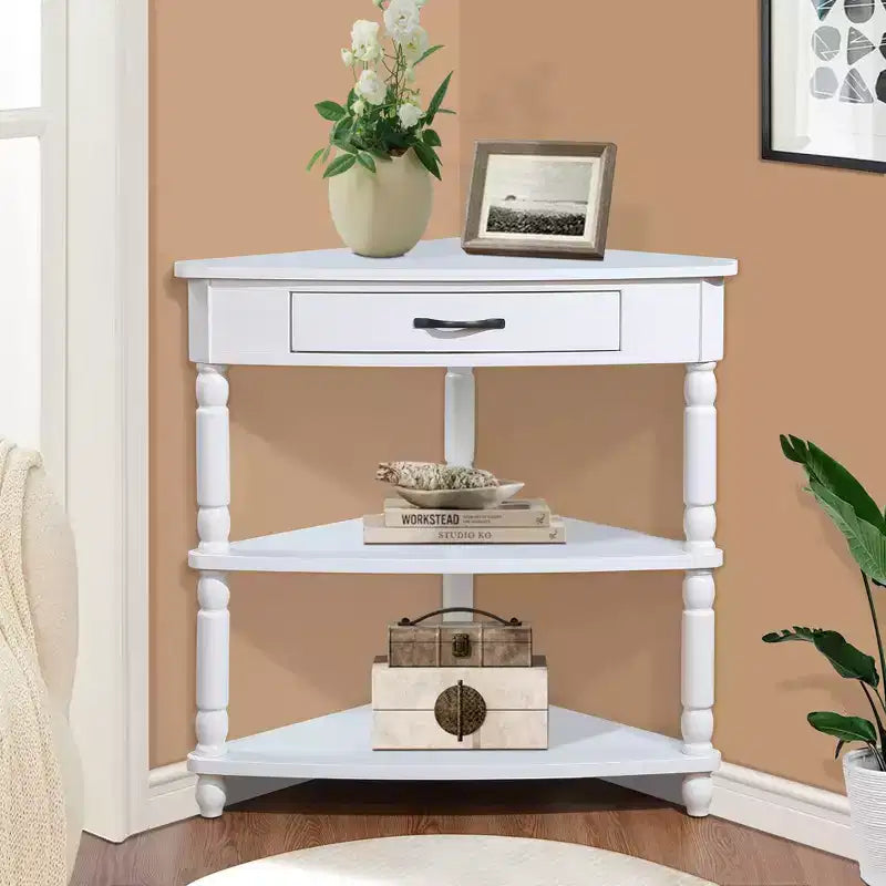 Tavolino angolare dal design classico vintage con cassetto portaoggetti e 2 ripiani