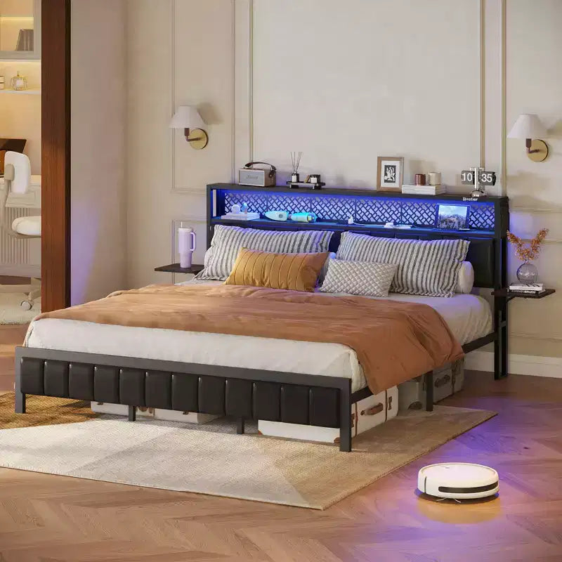 Struttura letto matrimoniale/king/queen, testiera imbottita, letto a piattaforma LED con ripiani pieghevoli a tre piani e stazione di ricarica con testiera contenitore