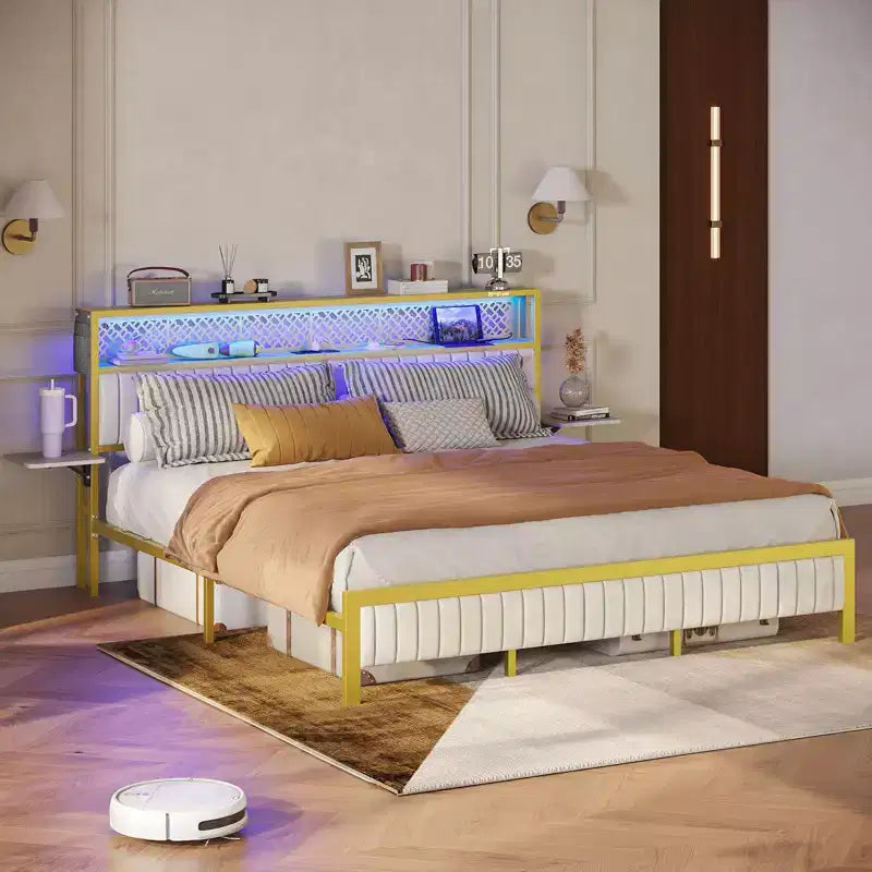 Struttura letto matrimoniale/king/queen, testiera imbottita, letto a piattaforma LED con ripiani pieghevoli a tre piani e stazione di ricarica con testiera contenitore