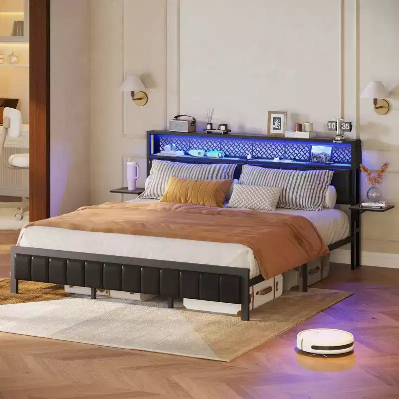 Struttura letto matrimoniale/king/queen, testiera imbottita, letto a piattaforma LED con ripiani pieghevoli a tre piani e stazione di ricarica con testiera contenitore