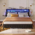 Bestier Full/King/Queen Size Bed Frame Upholstered Headboard Bed, LED Platform Bed with Foldable Trip Shelves & Storage Headboard Charge Station
