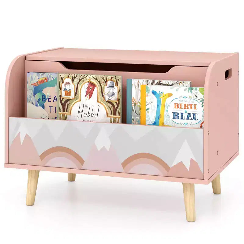 Contenitore portagiochi in legno per bambini con libreria frontale, 4 gambe in legno massiccio e coperchio ribaltabile per cameretta, bianco/rosa