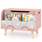 Contenitore portagiochi in legno per bambini con libreria frontale, 4 gambe in legno massiccio e coperchio ribaltabile per cameretta, bianco/rosa