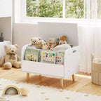 Contenitore portagiochi in legno per bambini con libreria frontale, 4 gambe in legno massiccio e coperchio ribaltabile per cameretta, bianco/rosa