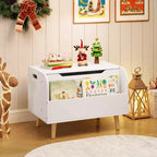 Contenitore portagiochi in legno per bambini con libreria frontale, 4 gambe in legno massiccio e coperchio ribaltabile per cameretta, bianco/rosa