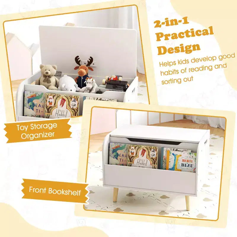 Contenitore portagiochi in legno per bambini con libreria frontale, 4 gambe in legno massiccio e coperchio ribaltabile per cameretta, bianco/rosa