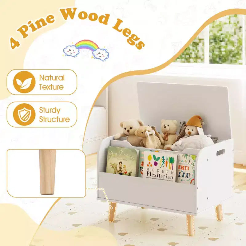 Contenitore portagiochi in legno per bambini con libreria frontale, 4 gambe in legno massiccio e coperchio ribaltabile per cameretta, bianco/rosa