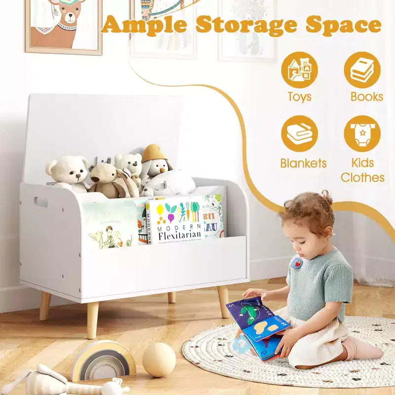 Contenitore portagiochi in legno per bambini con libreria frontale, 4 gambe in legno massiccio e coperchio ribaltabile per cameretta, bianco/rosa