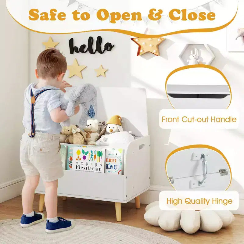 Contenitore portagiochi in legno per bambini con libreria frontale, 4 gambe in legno massiccio e coperchio ribaltabile per cameretta, bianco/rosa