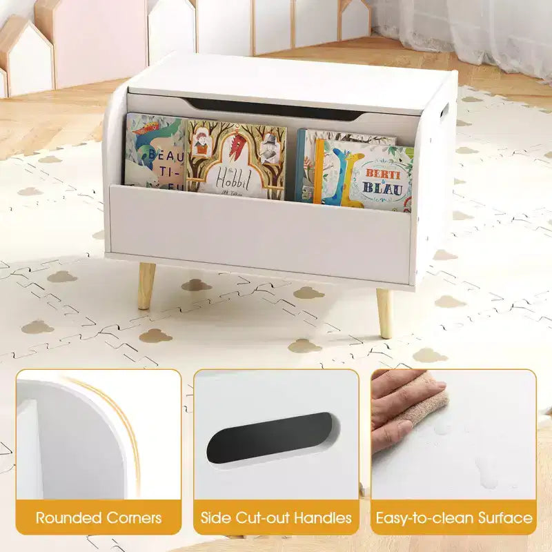 Contenitore portagiochi in legno per bambini con libreria frontale, 4 gambe in legno massiccio e coperchio ribaltabile per cameretta, bianco/rosa