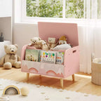 Contenitore portagiochi in legno per bambini con libreria frontale, 4 gambe in legno massiccio e coperchio ribaltabile per cameretta, bianco/rosa