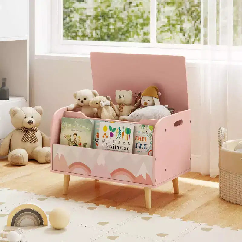 Contenitore portagiochi in legno per bambini con libreria frontale, 4 gambe in legno massiccio e coperchio ribaltabile per cameretta, bianco/rosa