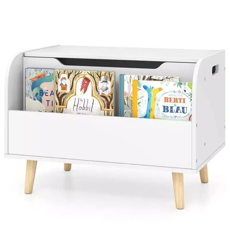 Contenitore portagiochi in legno per bambini con libreria frontale, 4 gambe in legno massiccio e coperchio ribaltabile per cameretta, bianco/rosa