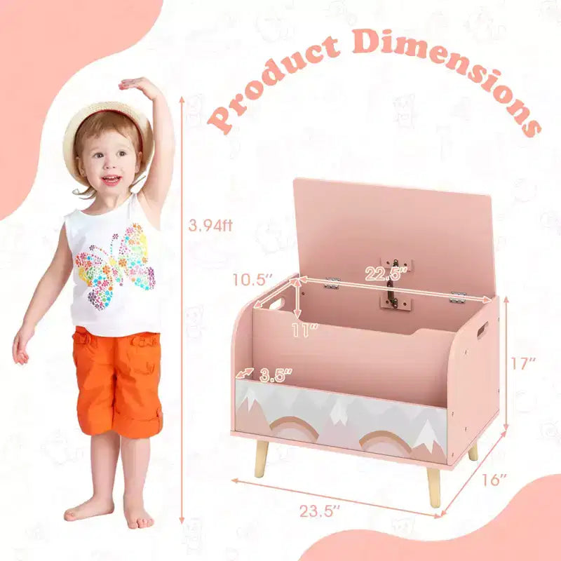 Contenitore portagiochi in legno per bambini con libreria frontale, 4 gambe in legno massiccio e coperchio ribaltabile per cameretta, bianco/rosa