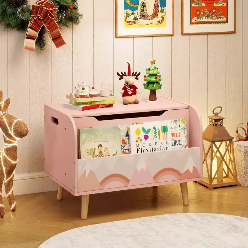 Contenitore portagiochi in legno per bambini con libreria frontale, 4 gambe in legno massiccio e coperchio ribaltabile per cameretta, bianco/rosa