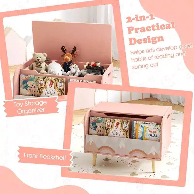 Contenitore portagiochi in legno per bambini con libreria frontale, 4 gambe in legno massiccio e coperchio ribaltabile per cameretta, bianco/rosa