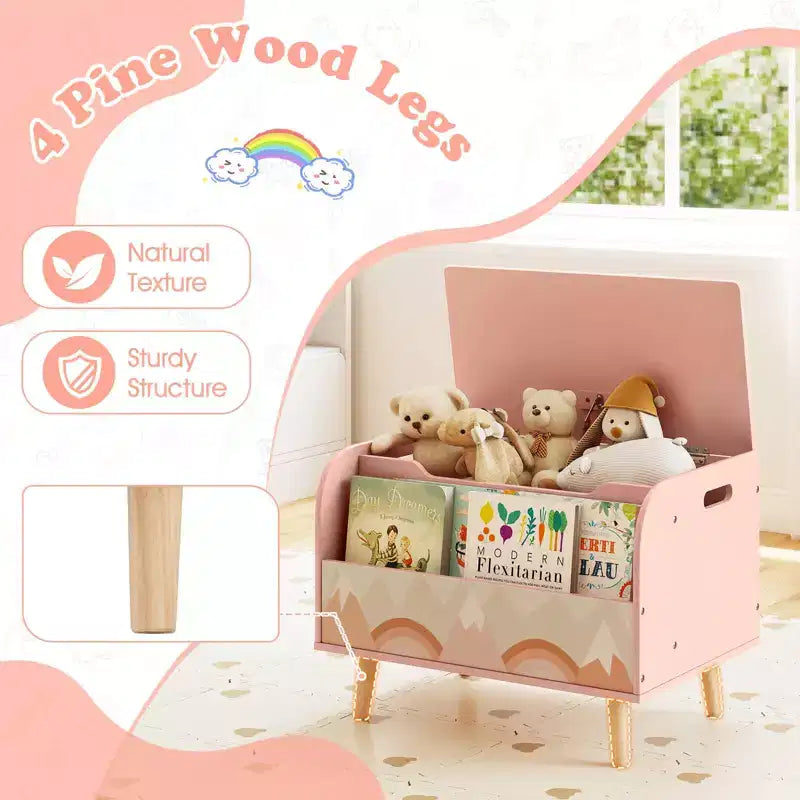 Contenitore portagiochi in legno per bambini con libreria frontale, 4 gambe in legno massiccio e coperchio ribaltabile per cameretta, bianco/rosa