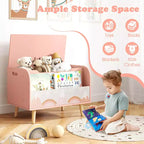 Contenitore portagiochi in legno per bambini con libreria frontale, 4 gambe in legno massiccio e coperchio ribaltabile per cameretta, bianco/rosa