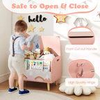 Contenitore portagiochi in legno per bambini con libreria frontale, 4 gambe in legno massiccio e coperchio ribaltabile per cameretta, bianco/rosa