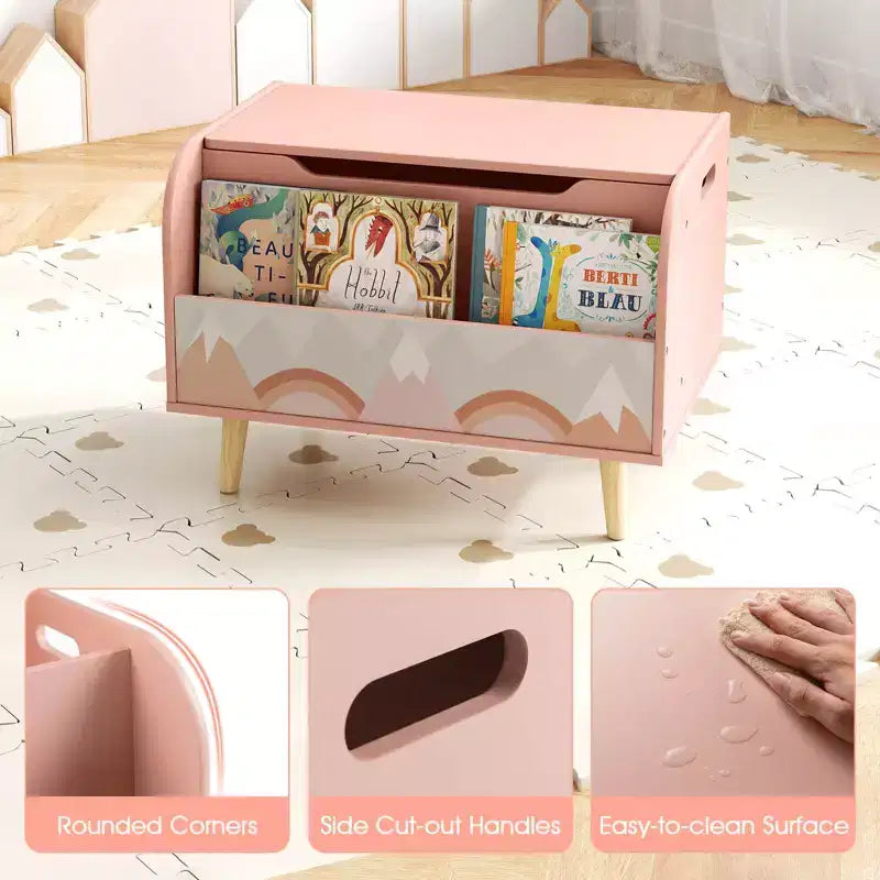 Contenitore portagiochi in legno per bambini con libreria frontale, 4 gambe in legno massiccio e coperchio ribaltabile per cameretta, bianco/rosa