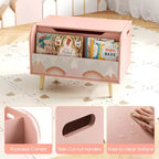 Contenitore portagiochi in legno per bambini con libreria frontale, 4 gambe in legno massiccio e coperchio ribaltabile per cameretta, bianco/rosa