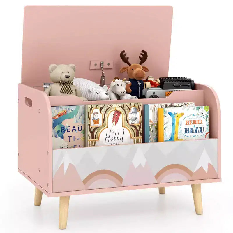 Costway Kids Wooden Toy Box with Front Bookshelf 4 Solid Wood Legs Flip-top Lid for Nursery White/Pink