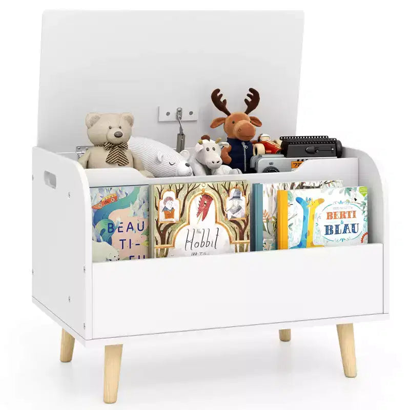 Contenitore portagiochi in legno per bambini con libreria frontale, 4 gambe in legno massiccio e coperchio ribaltabile per cameretta, bianco/rosa