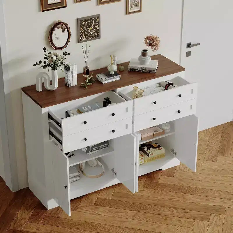 Credenza moderna con vani contenitore, madia da fattoria con 4 ante e 4 cassetti, grande credenza in legno per sala da pranzo, cucina, bianca