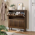 Scarpiera a doghe in noce da 31,5 pollici, design freestanding moderno di metà secolo con 2 cassetti a ribalta, ideale per corridoi