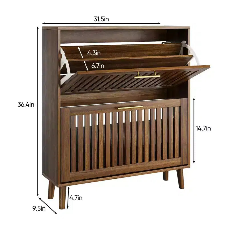 Scarpiera a doghe in noce da 31,5 pollici, design freestanding moderno di metà secolo con 2 cassetti a ribalta, ideale per corridoi