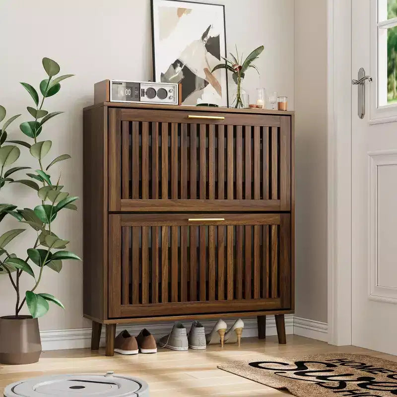 Scarpiera a doghe in noce da 31,5 pollici, design freestanding moderno di metà secolo con 2 cassetti a ribalta, ideale per corridoi