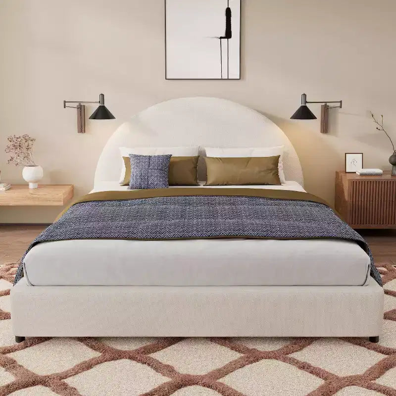 Struttura Letto Imbottita a Piattaforma Queen/King Size con Testiera Curva Imbottita, Bianca