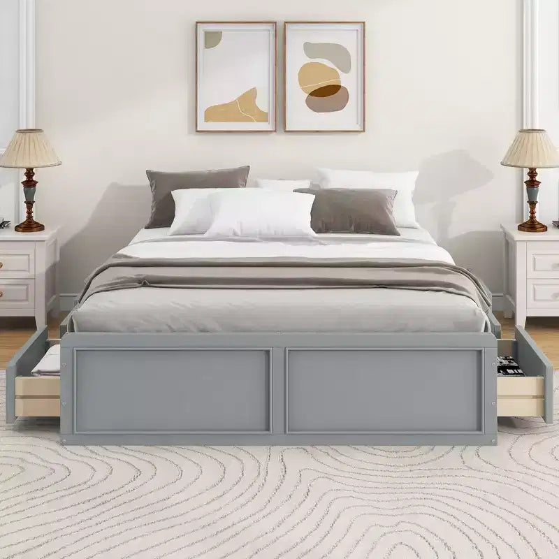 Letti Queen Size a Piattaforma con 6 Cassetti Contenitore, Telaio Letto Queen Size in Legno Rustico Senza Testiera, Grigio