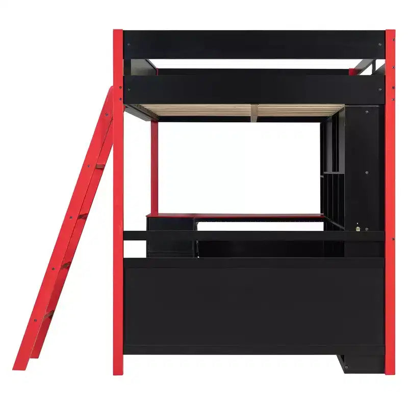 Letto a soppalco matrimoniale moderno con scrivania illuminata, 3 cassetti e libreria portaoggetti