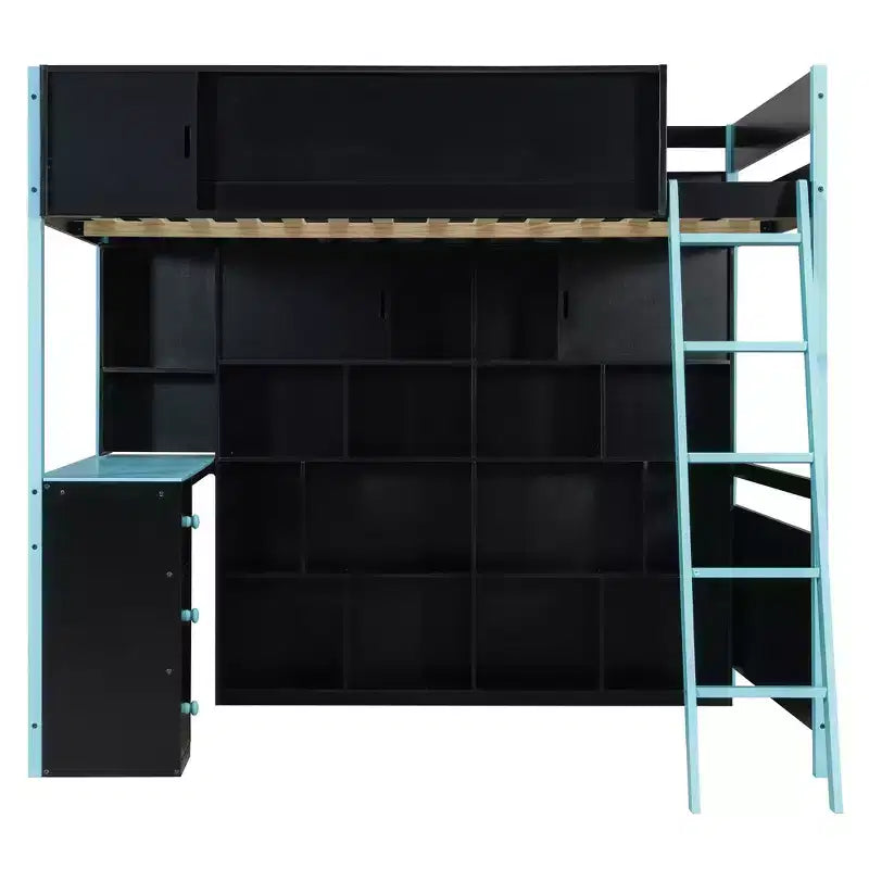 Letto a soppalco matrimoniale moderno con scrivania illuminata, 3 cassetti e libreria portaoggetti