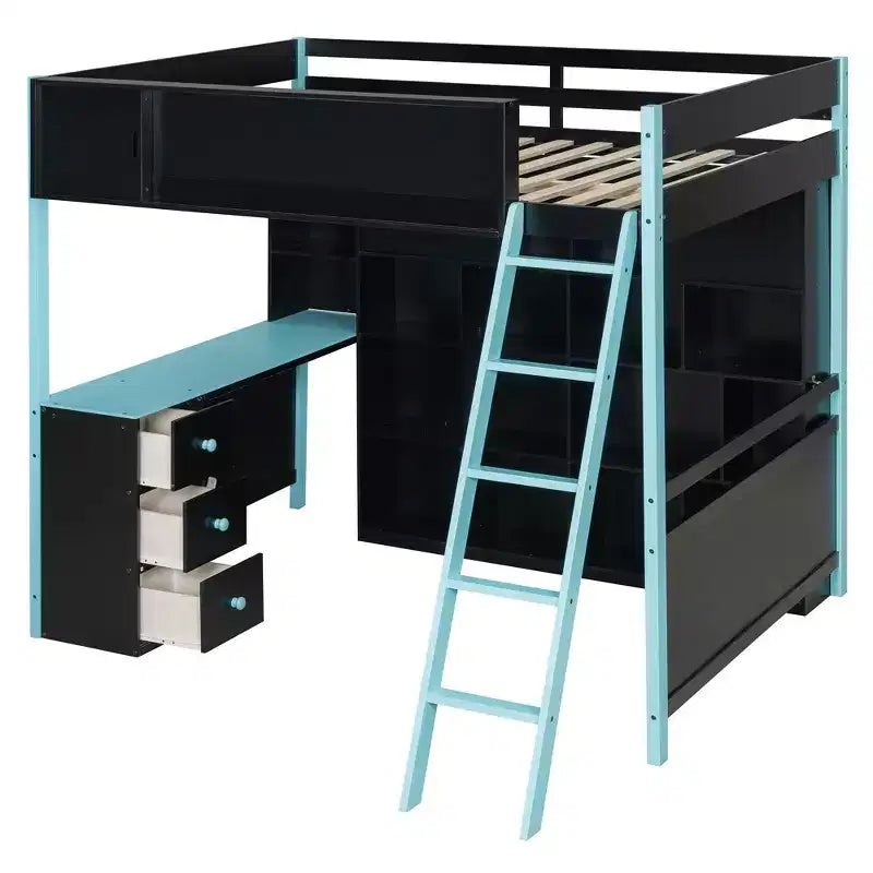 Letto a soppalco matrimoniale moderno con scrivania illuminata, 3 cassetti e libreria portaoggetti