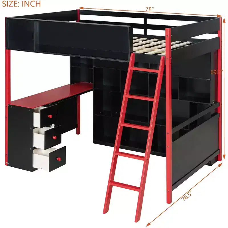Letto a soppalco matrimoniale moderno con scrivania illuminata, 3 cassetti e libreria portaoggetti