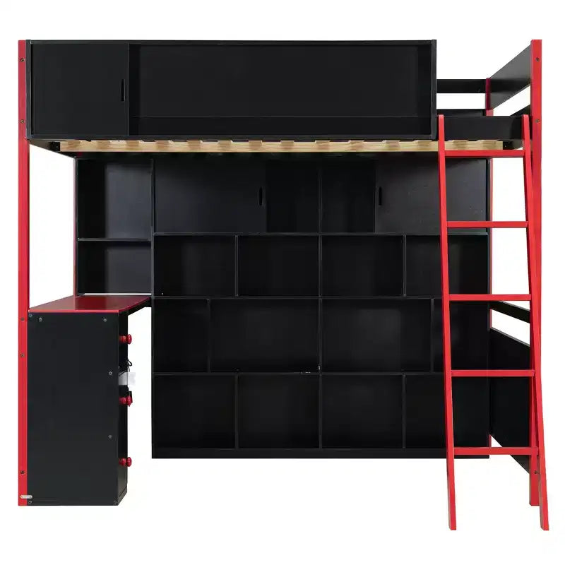 Letto a soppalco matrimoniale moderno con scrivania illuminata, 3 cassetti e libreria portaoggetti