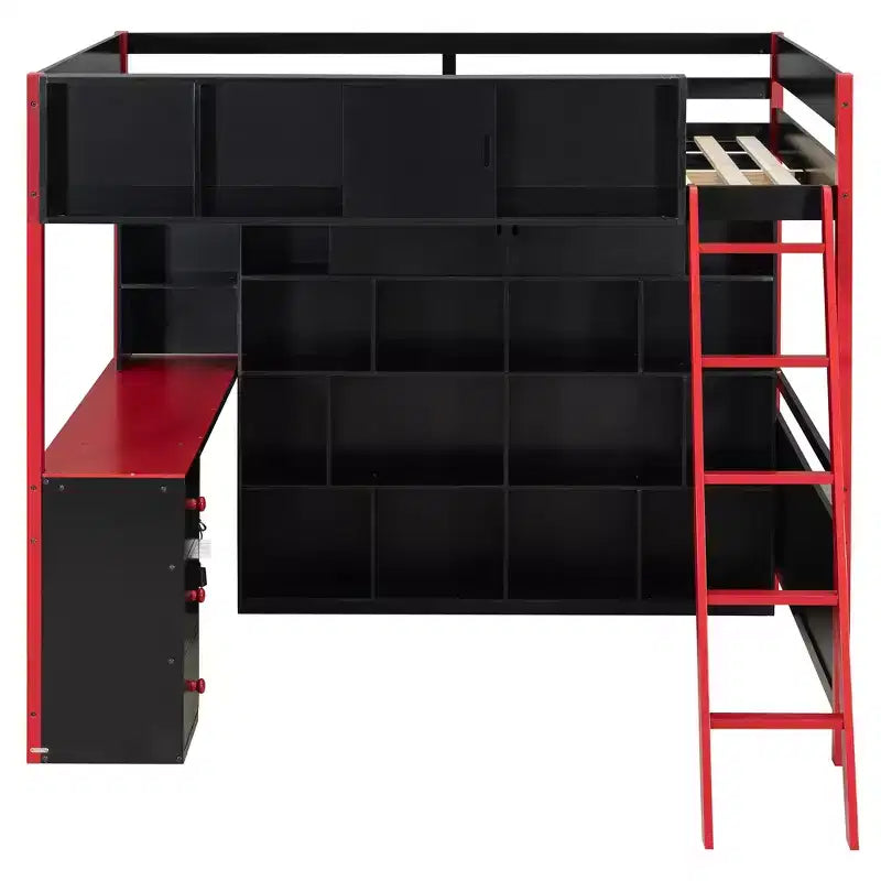 Letto a soppalco matrimoniale moderno con scrivania illuminata, 3 cassetti e libreria portaoggetti