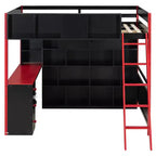Letto a soppalco matrimoniale moderno con scrivania illuminata, 3 cassetti e libreria portaoggetti