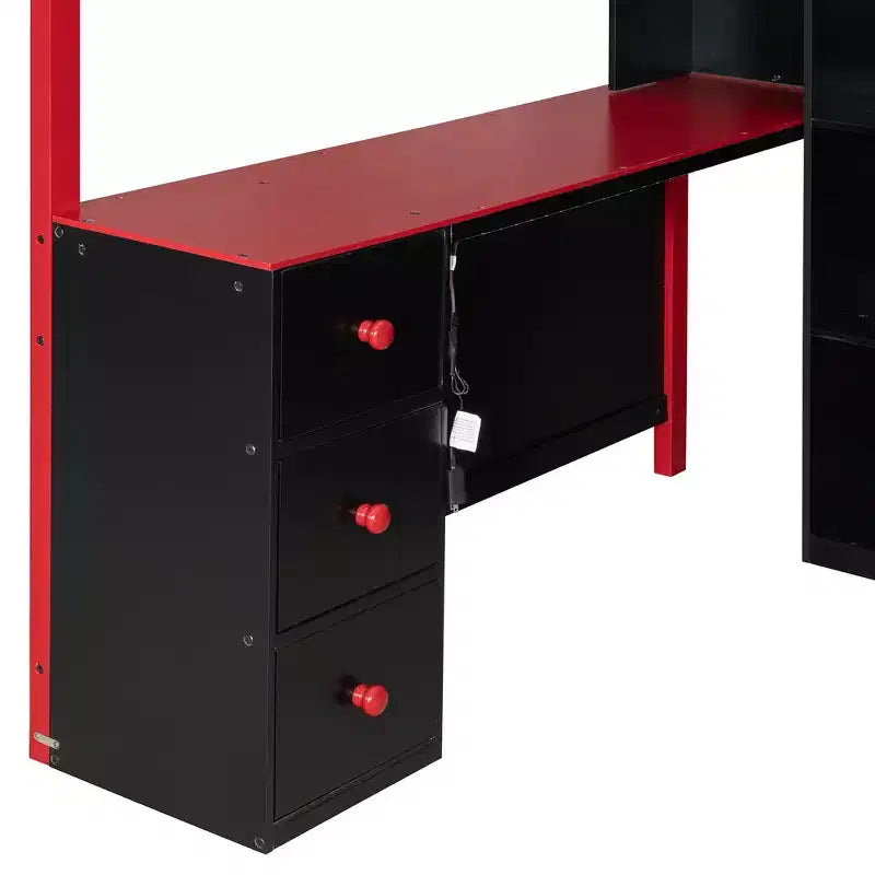 Letto a soppalco matrimoniale moderno con scrivania illuminata, 3 cassetti e libreria portaoggetti